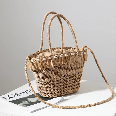 Borsa A Spalla In Paglia Intrecciata Da Donna Con Nappe Di Conchiglia Vuoto Vacanza Spiaggia Coulisse Fodera