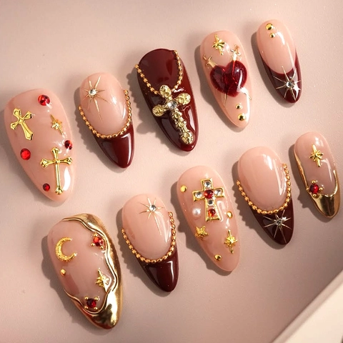 Handgemachte Press On Nails Luxus Rhinestone 3D Kreuz Stern Mond Dekorationen Französischer Stil Glänzende Almond Coffin Falsche Nägel