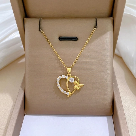 Dainty Heart Butterfly Pendant Necklace For Women Zirconia Titanium Steel Chain And Copper Charm Elegant Gold Tone Jewelry