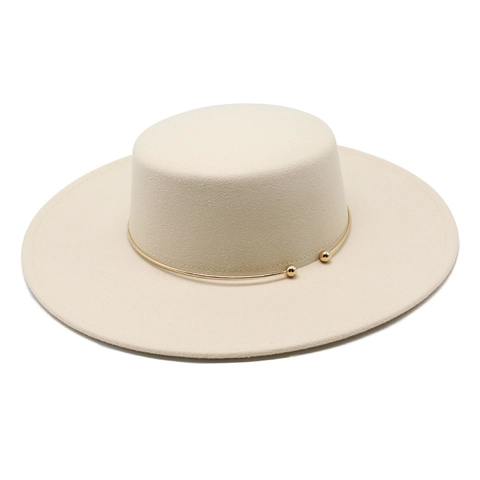 Vintage Flat Top Boater Hat Cotton Polyester Felt Wide Brim With Golden Metal Ring Decor Elegant Fashion Accessories