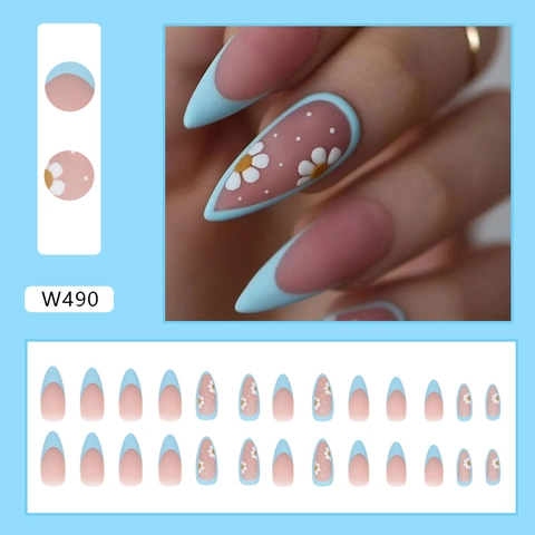 Press On Nails Matte Almond French Blue Tip Daisy Flower Sweet Ins Style Artificial Fake Nails For Women