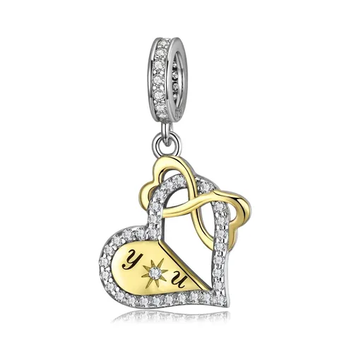 Intertwined Heart Charm Pendant 925 Sterling Silver Cubic Zirconia Bicolor Engraved For Bracelet Necklace Women Valentine