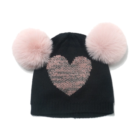 Gebreide Mutst Voor Kinderen Met Dubbele Pompons Glitter Hartpatroon Warme Wintermuts Gehaakte Pet Voor Meisjes Jongens