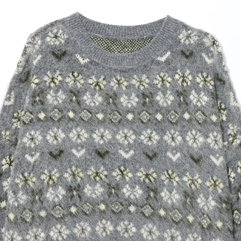 Suéter de Punto Nordic Fair Isle para Mujer Vintage Gris Jacquard Copo de Nieve Corazón Cuello Redondo Manga Larga Invierno Cálido