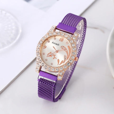 Women Quartz Watch Rhinestone Dolphin Pattern Milanese Stainless Steel Mesh Magnetic Strap Fashion Elegant Analog Timepiece