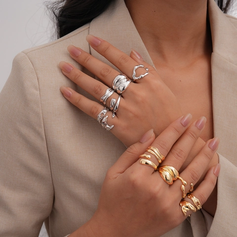 Anillos De Aleación De Metal Líquido Irregulares Geométricos Superficie Lisa Minimalistas Abiertos Ajustables Joyería De Dedo Para Mujeres