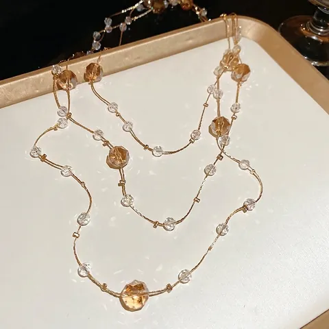 Französischer Stil Mehrlagige Lange Perlenkette Goldene Kupferkette Mit Bernsteinfarbenen Glaskristallen Eleganter Schmuck