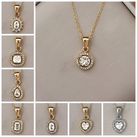 Elegant Round Halo Zircon Pendant Necklace Stainless Steel Clavicle Chain Minimalist Luxury Jewelry For Women Girls