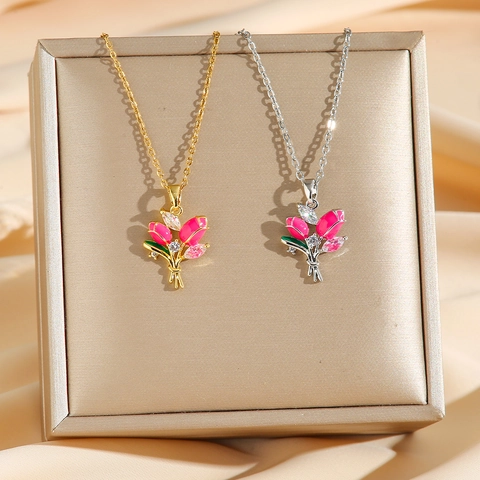 Collana Con Ciondolo A Tulipano Acciaio Al Titanio Smalto Floreale Con Zirconia Catena Clavicola Donne Elegante
