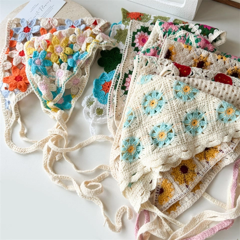 Women Crochet Triangular Headscarf Retro Floral Knitted Hair Band Vintage Handmade Bandana Tie Up Hair Accessory