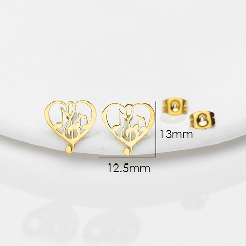 Heart Music Note Stud Earrings Stainless Steel Hollow Geometric G-Clef Musical Jewelry For Women Girls Elegant