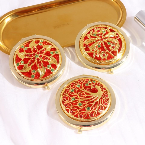 Specchio Da Trucco Portatile Pieghevole Retrò Metallo Vintage Cavo Strass Specchio Da Tasca Per Donne Doppio Lato