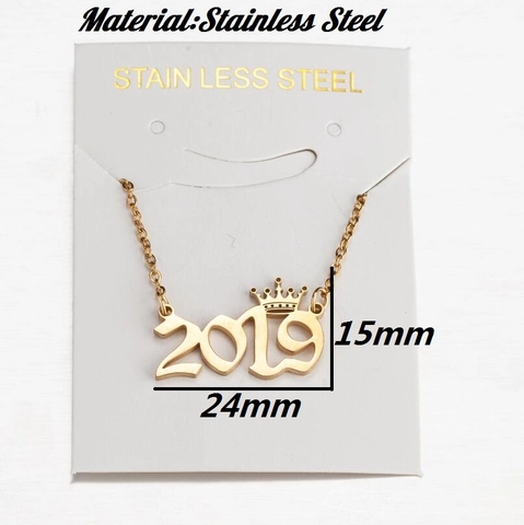 Stainless Steel Crown Year Number Pendant Necklace For Women Gold Silver Gothic Old English Birthday Gift Anniversary Jewelry