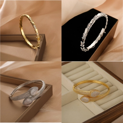 Schlangenform Armreif Kupfer Echt Vergoldet Pavé Zirkon Vintage Luxus Mode Handschmuck Für Frauen Manschette