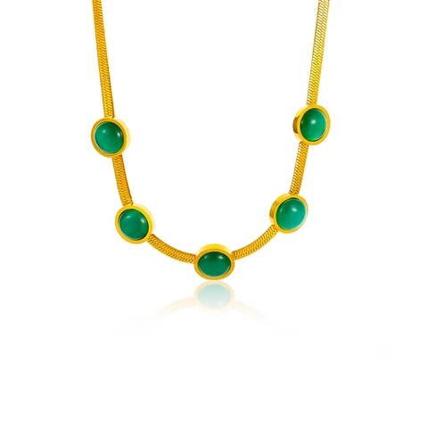 Vintage Green Cat's Eye Jewelry Set Stainless Steel 18K Gold Plated Herringbone Chain Necklace Earrings Bracelet For Women Luxurious Jewelry