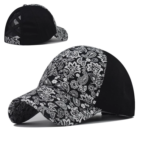 Paisley Print Baseball Cap Cotton Criss Cross Ponytail Hole Sun Hat Distressed Outdoor Casual Women Adjustable