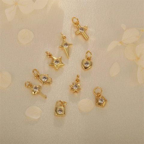 Kleine DIY Charm Anhänger 18K Vergoldetes Kupfer Mit Zirkonia Stern Herz Hand Der Fatima Für Schmuckherstellung