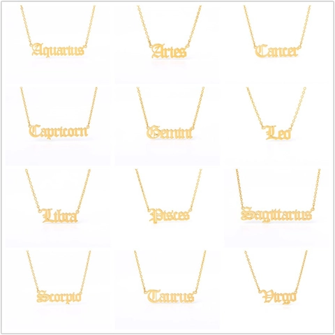 Collana in Acciaio Inossidabile Dodici Segni Zodiacali Pendente Lettera Antico Inglese Gotico per Uomo Donna Gioielli