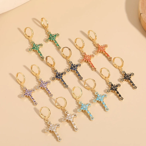 Kreuz Tropfen Creolen 14K Gold Vergoldetes Kupfer Bunter Zirkon Eingelegt Mode Trendiger Schmuck Für Frauen
