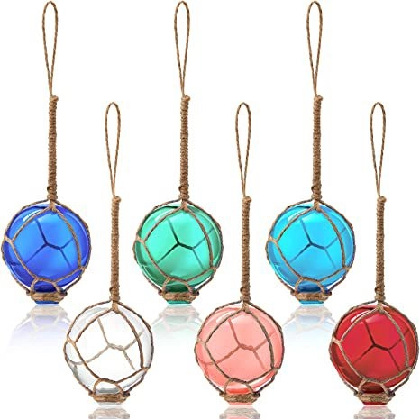 Mediterranean Style Glass Floating Ball With Nautical Hemp Rope Net Hanging Ornament For Beach Party Home Decor