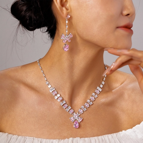 Collana E Orecchini Fiocco Goccia D'Acqua Gioielli Rame Zirconia Con Perno In Argento Elegante Accessorio Donne