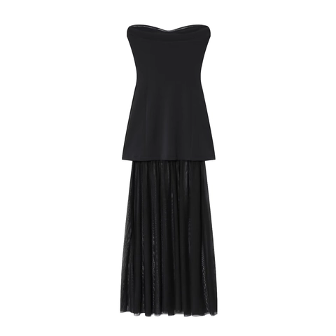 Schwarzes Trägerloses Maxikleid Herz Ausschnitt Mesh Patchwork Elegant Party Schlankheits Passform Für Damen