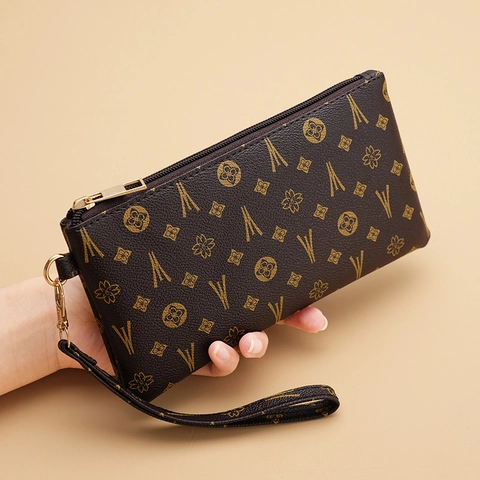 Women Long Wallet PU Leather Clutch Bag Geometric Pattern Vintage Style Wristlet Purse With Zipper Closure For Daily Use