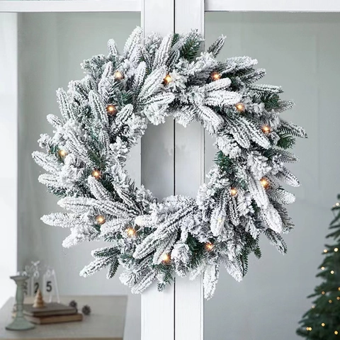 Christmas Wreath Pre-Lit LED Lights Snowy Pine Needles Pine Cones Red Berries Battery Operated Front Door Wall Hanging