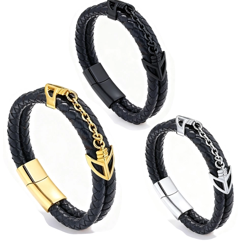 Bracciale In Pelle Intrecciata Da Uomo Doppio Filo Ancora In Acciaio Inossidabile Chiusura Magnetica Stile Punk Vintage