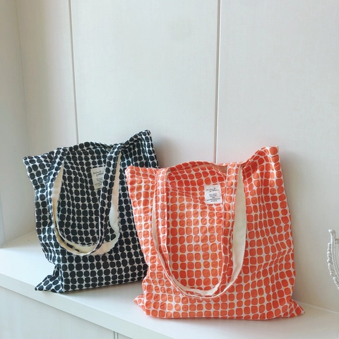 Borsa Tote In Tela Di Cotone Con Stampa A Pois Geometrici Grande Capacità Borsa A Spalla Casual Donna Minimalista Versatile