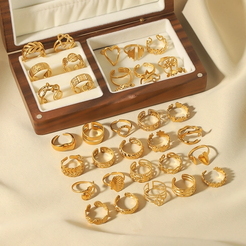 Anillo Abierto De Acero Inoxidable Chapado En Oro De 18K Para Mujer Joyería Ajustable Vintage Geométrica Corazón Flor Hoja