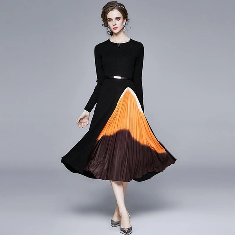 Long Sleeve Knit Midi Dress With Gradient Color Block Pleated Skirt Slim Fit Elegant Office Lady Autumn Winter With Belt