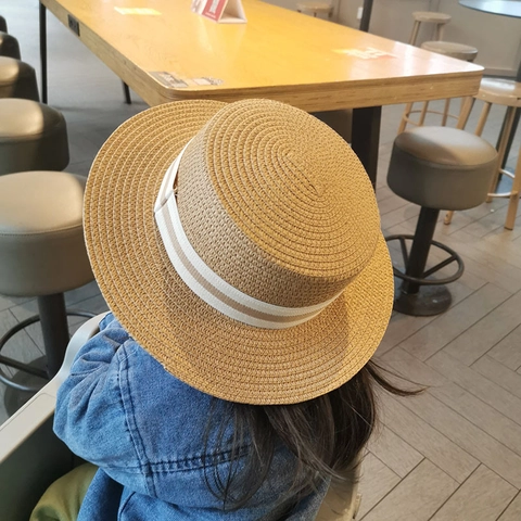 Kids Straw Boater Hat Flat Top Sun Protection Beach Summer Holiday Travel Ribbon Decoration Boys Girls