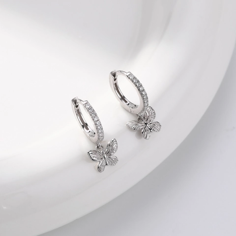 Boucles d'Oreilles Créoles Pendantes Papillon en Argent Sterling 925 pour Femmes Incrustées de Zirconia Dorées Argentées