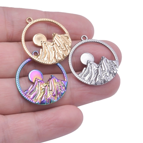 Ciondolo Tondo Montagna Sole Albero Charm 304 Acciaio Inossidabile Placcato Oro 18K Gioielli Natura DIY Accessori Per Donne