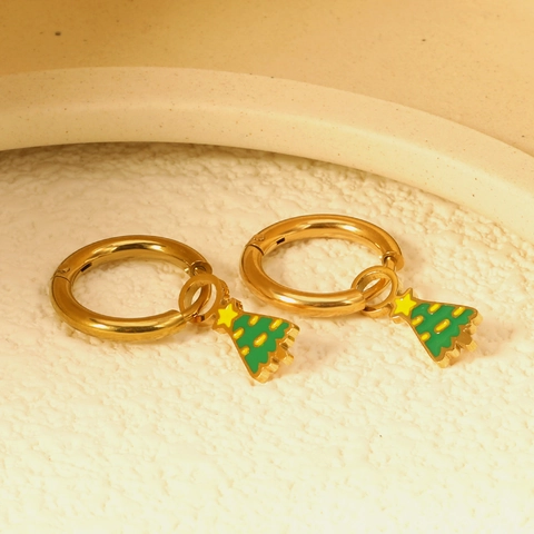 Pendientes De Aro Con Colgante De Árbol De Navidad Acero Inoxidable Chapado En Oro Esmalte Verde Joyas De Fiesta Para Mujeres