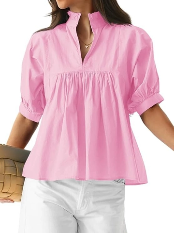 Women Blouse Polyester Spandex V Neck Pleated Design Puff Sleeve Ruffled Collar Casual Loose Fit Solid Color Summer Tops