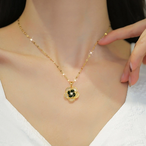 Camellia Flower Necklace And Earrings Titanium Steel Chain Copper Pendant Silver Earring Post Zircon Gold Plated