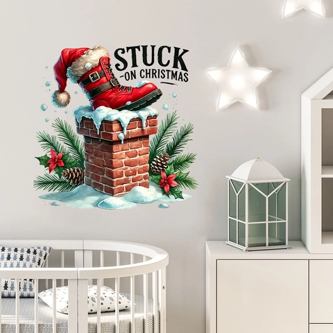 Kerst Muursticker PVC Zelfklevend Verwijderbaar Waterdicht Laarzen Schoorsteen Dennenappels Voor Huisdecoratie