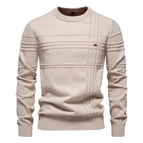 Men's Crewneck Pullover Sweater Cotton Long Sleeve Slim Fit Knitted Top Casual Solid Color Textured Urban Style
