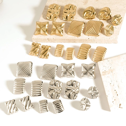 Geometric Stud Earrings 18K Gold Plated 304 Stainless Steel Heart V Shape Textured Polished For Women Jewelry