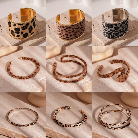 Brazalete De Leopardo Piel Sintética Aleación Geométrico Ancho Abierto Joyería Vintage Western Mujer