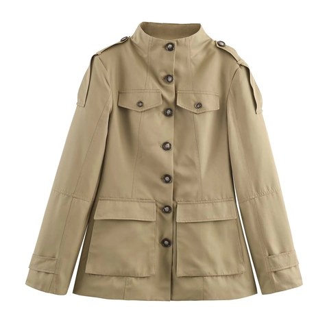 Damen Khaki Safari Jacke Stehkragen Schulterklappen Twill Stoff Lässig Langarm Utility Trenchcoat Mode Oberbekleidung