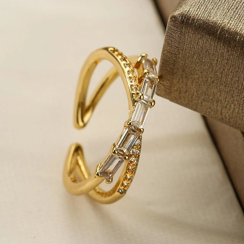 Minimalist Geometric Copper Open Ring 18K Gold Plated Zirconia Cross Double Layer Adjustable Fashion Finger Ring Women Jewelry