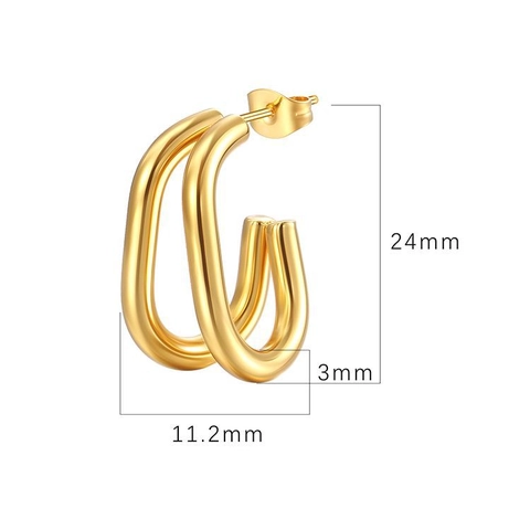 Pendientes De Botón Ovalados De Acero Inoxidable Con Doble Línea Bicolor Chapado En Oro De 18K Geométrico Pulido Minimalista