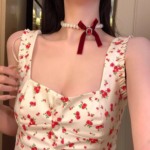 Collana Choker Elegante Con Künstliche Perle Artificiali E Fiocco Di Velluto Ciondolo In Zircone Rettangolare Stile Retrò Donna
