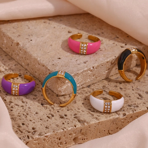 Enamel Stainless Steel Ring 18K Gold Plated Open Adjustable Wide Band Geometric Zircon Rhinestone Fashion Jewelry Women
