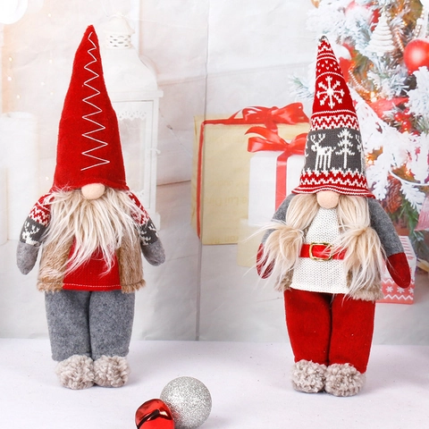 Christmas Gnome Decorations Standing Swedish Tomte Dwarf Plush Doll Faceless Long Hat Handmade Xmas Home Ornament Red