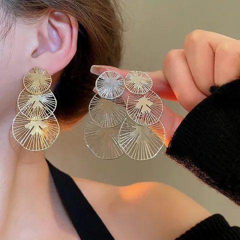 Geometric Tiered Round Drop Earrings With 925 Sterling Silver Earring Post Hollow Out Sunray Pattern For Women Chic Jewelry