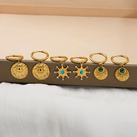 Orecchini A Cerchio Celestiali Vintage Acciaio Inossidabile 304 Placcato Oro 18K Malocchio Sole Luna Stella Finta Turchese